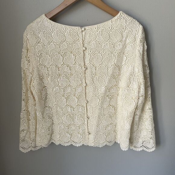 Talbots Vintage Lace Overlay Blouse Princess Seams Back Covered Buttons Size 14 - Picture 10 of 14